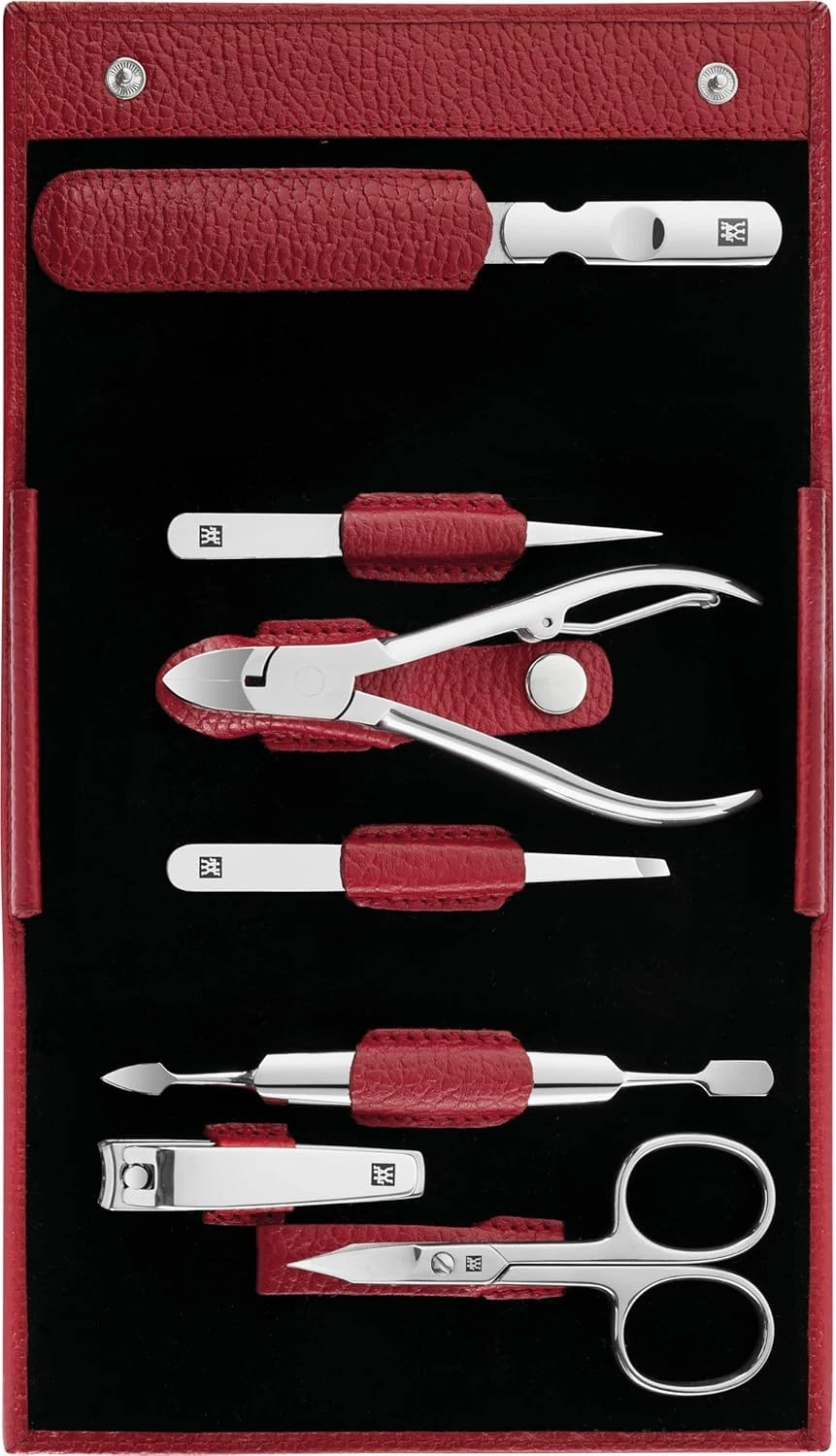 ZWILLING Manicure and Pedicure Set, Classic INOX, Travel Case Set, Nail Care, Leather, 7 Pieces, Red