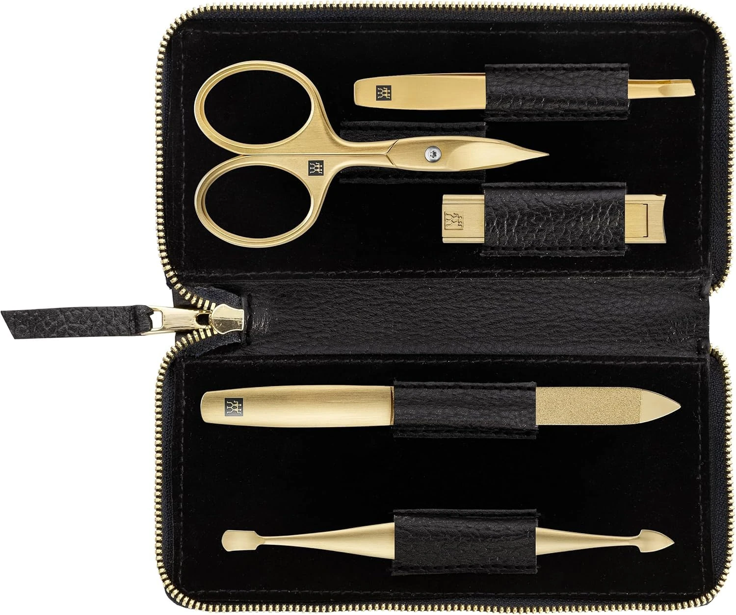 ZWILLING Manicure Set (5 Pieces, Black Genuine Leather Case, Care for Hands and Feet, Travel Set, with Nail Scissors and Nail Clippers), Premium, Gold Edition