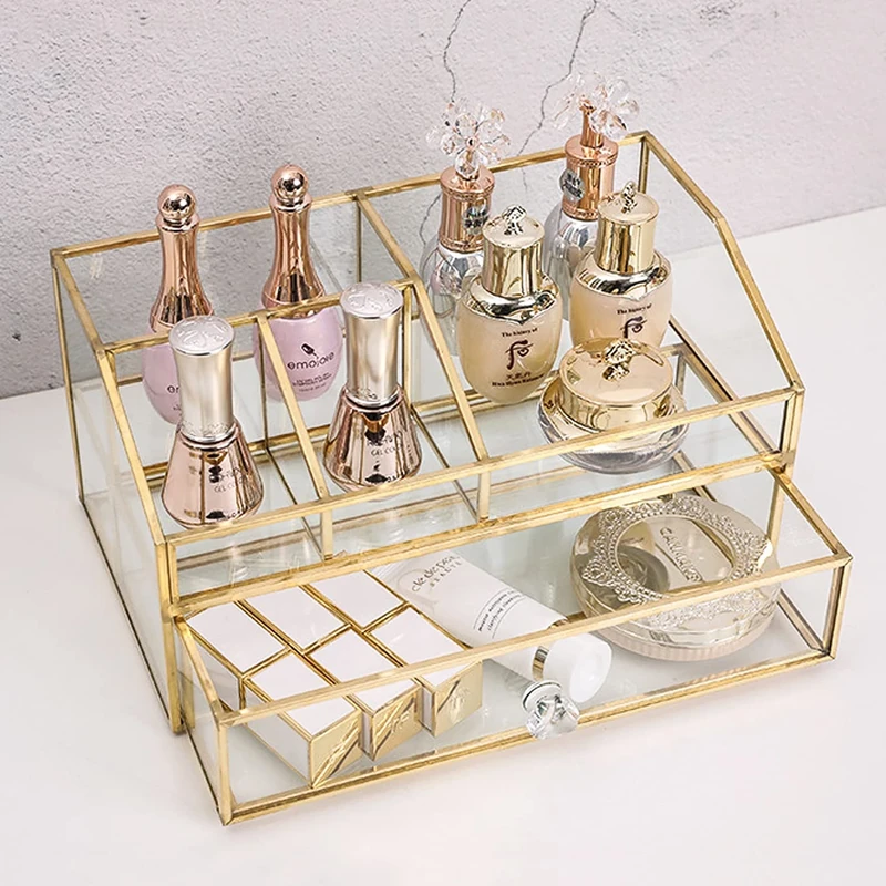 U/B Glass Makeup Brush Holder, Cosmetic Brushes Organizer Jewelry Display Box, Nordic Style Elegant Nail Polish Lipsticks Eyeliners Holder for Vanity Bathroom Bedroom Office