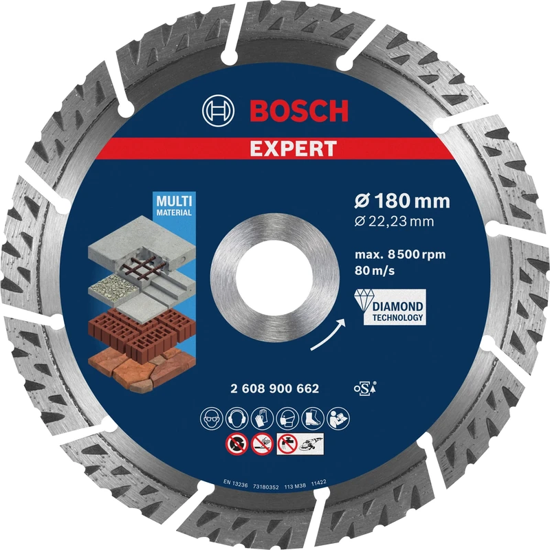 Bosch 1x EXPERT MultiMaterial Diamond Cutting Disc (for Concrete, Reinforced concrete, Ø 180 mm, Professional Accessory Large Angle Grinder)
