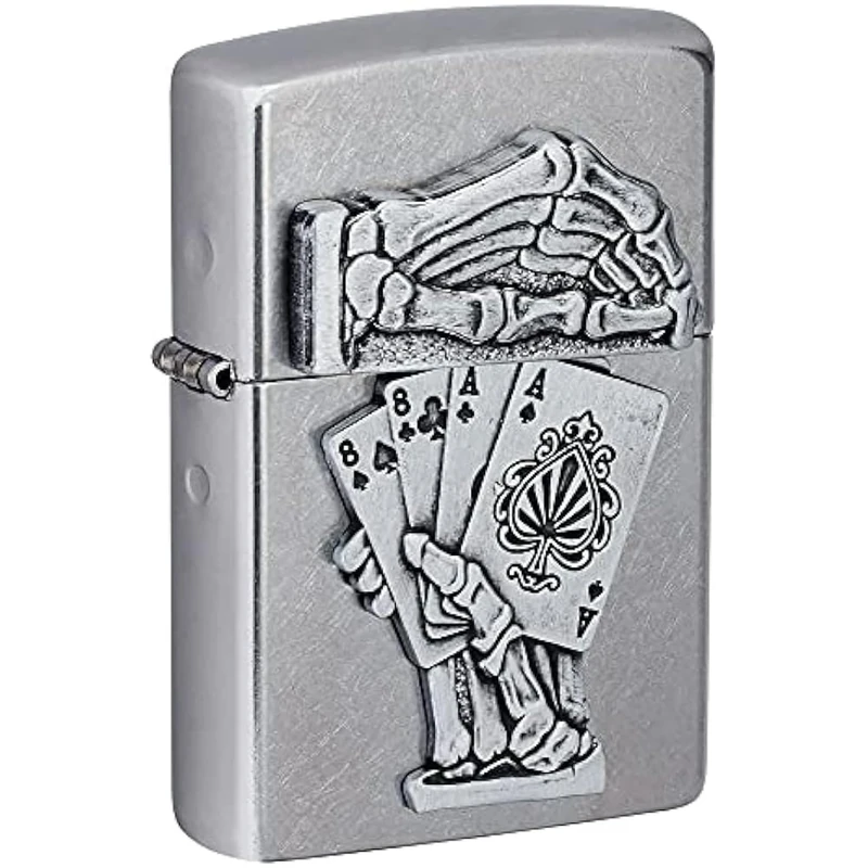 Zippo Windproof Lighter - Dead Mans Hand - Street Chrome Finish with Emblem - Refillable - Reusable - Windproof Design - Gift Box - Made in USA