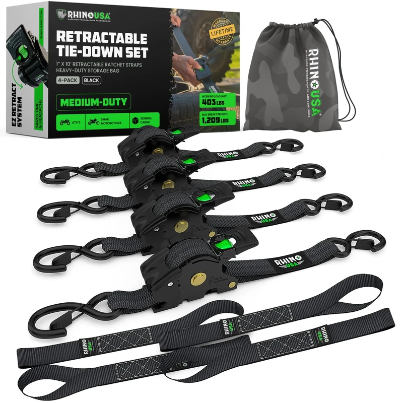 Rhino USA Retractable Ratchet Tie Down Straps (4PK) - 540kg Guaranteed Max Break Strength, Includes 2.5 cm x 3 m Autoretract Tie Downs with Padded Handles. Use for Boat, Securing Cargo - Black