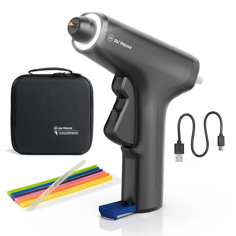 Wiha Zai Hause Battery Hot Glue Gun Set Including Sticks 7 mm with Storage Bag, Wireless Professional Glue Gun for Crafts and DIY, Includes LED Light, 10-15 Seconds Heating Time