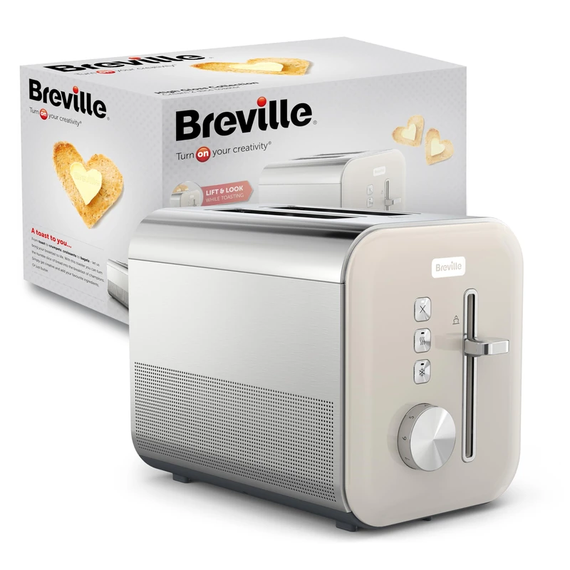 Breville High Gloss 2 Slice Toaster with High-Lift & Wide Slots | Cream & Stainless Steel [VTT967]