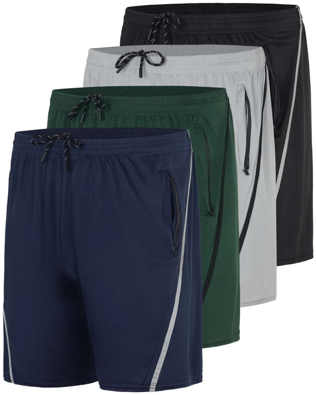 Real Essentials 3 Pack: Men's 7" Athletic Running Quick Dry Mesh Shorts with Zipper Pockets & Drawstring, Set 7, Large