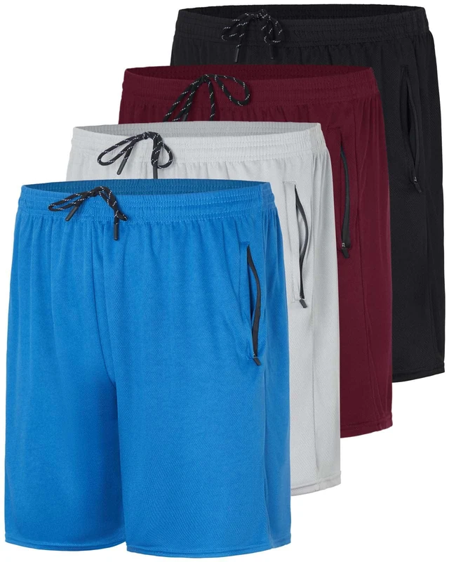 Real Essentials 3 Pack: Men's 7" Athletic Running Quick Dry Mesh Shorts with Zipper Pockets & Drawstring, Set 5, Medium