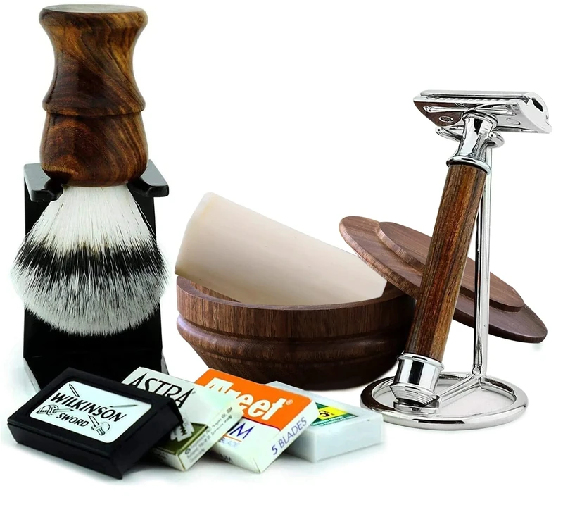 Haryali London, 6pcs Double Edge Safety Razor Set, Wooden Shaving Kit for Men with Synthetic Shaving Brush, Shaving Bowl, Soap, Razor and Brush Stand – Wet Shave Gift Set