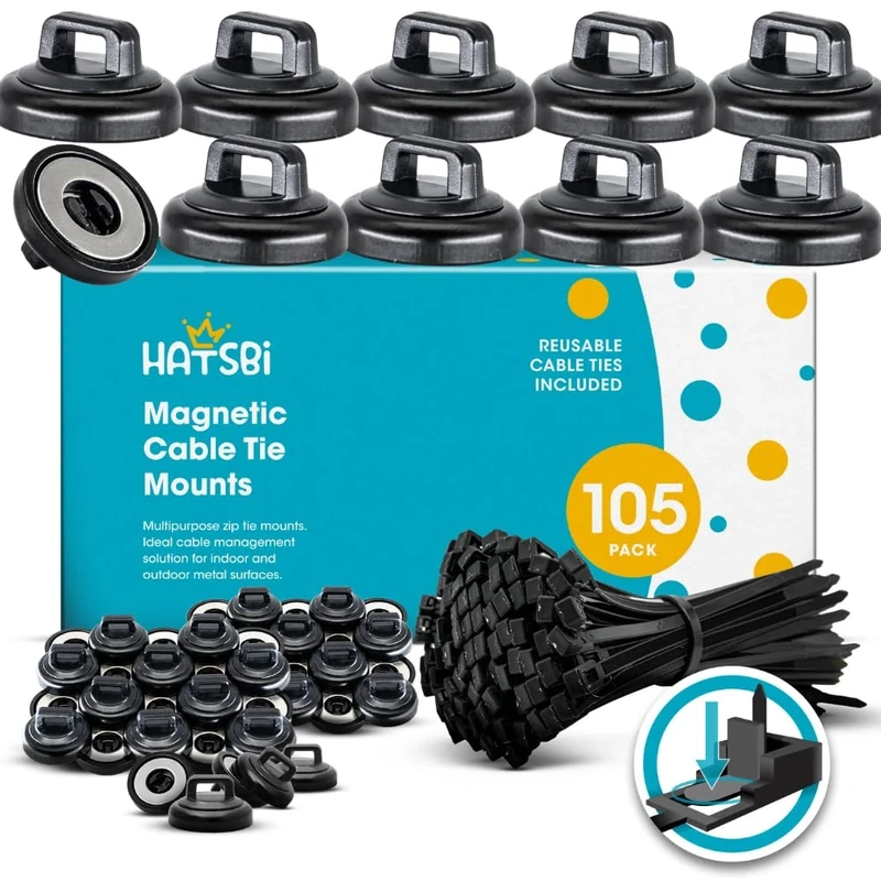 HATSBI. Magnetic Cable Zip Tie Mounts Multipurpose (105 Pack) Neodymium Magnets Black 105 Black Cable Zip Ties Included. Cable Holder for Cable Management. Holds Standard Zip Ties/Cable Ties.