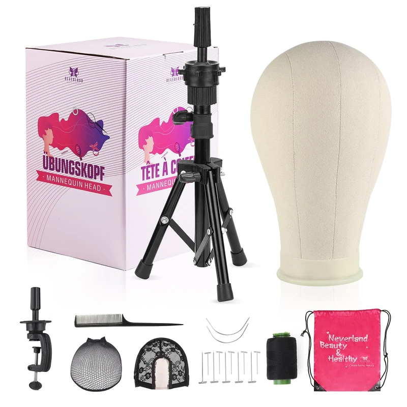 Neverland Beauty & Health 23 Inch Wig Head Stand Tripod, with Canvas Mannequin Heads for Wigs, Manikin Canvas Head Block Set for Making Display with T Pins Set Bristle Brush