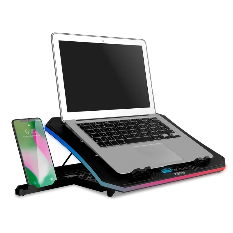 KROM KOOLER Laptop Cooler Base for Laptops up to 19.6 inch Fan, RGB Smartphone Holder, LCD Display and USB Hub, Black, Color: Black