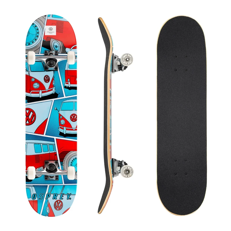 Osprey Volkswagen Professional Skateboard for Beginners - 31 Inch Double Kick Concave Adult Skateboard with ABEC 7 Bearings – 100KG Max User Weight– Official VW Designs