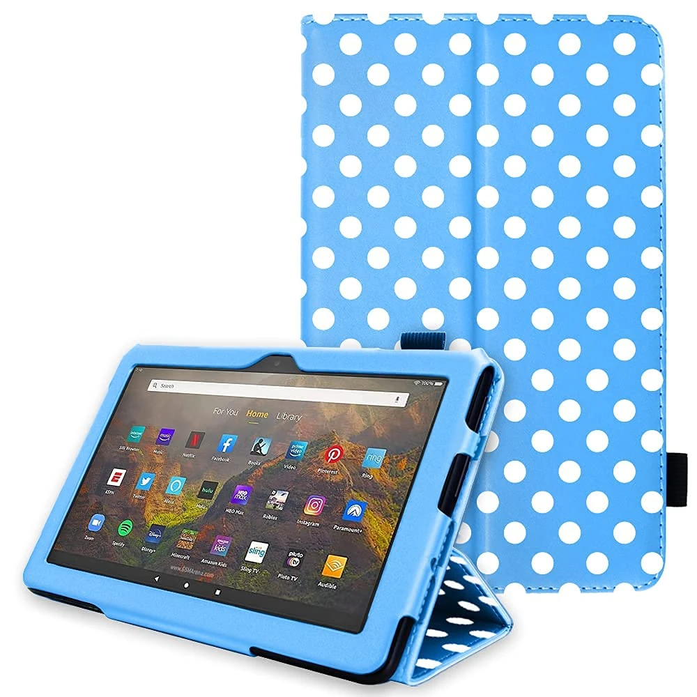 TECHGEAR Smart Case For Amazon Fire HD 10 (13th Generation / 2023 & 11th Generation / 2021) Slim PU Leather Folio Smart Stand Case Cover with Hand Strap & Auto Wake/Sleep [Blue Polka Dot]