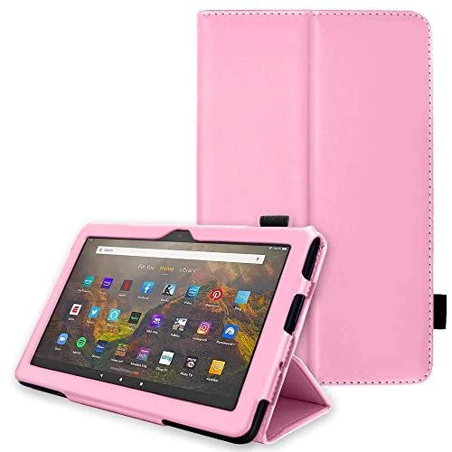 TECHGEAR Smart Case For Amazon Fire HD 10 (13th Generation / 2023 & 11th Generation / 2021) Slim PU Leather Folio Smart Stand Case Cover with Hand Strap & Auto Wake/Sleep [Pink]