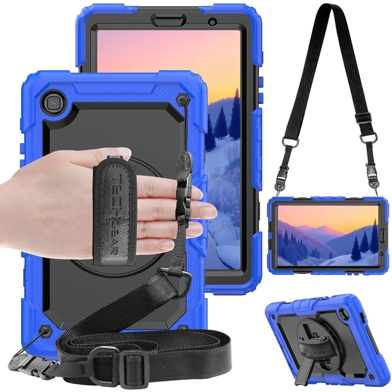 TECHGEAR UTILITY Case fits Samsung Galaxy Tab A7 Lite 8.7" (SM-T220 / SM-T225) Tough Rugged HEAVY DUTY Armour Shockproof Impact Case with 360 Rotating Stand, Hand Strap and Shoulder Strap - Blue
