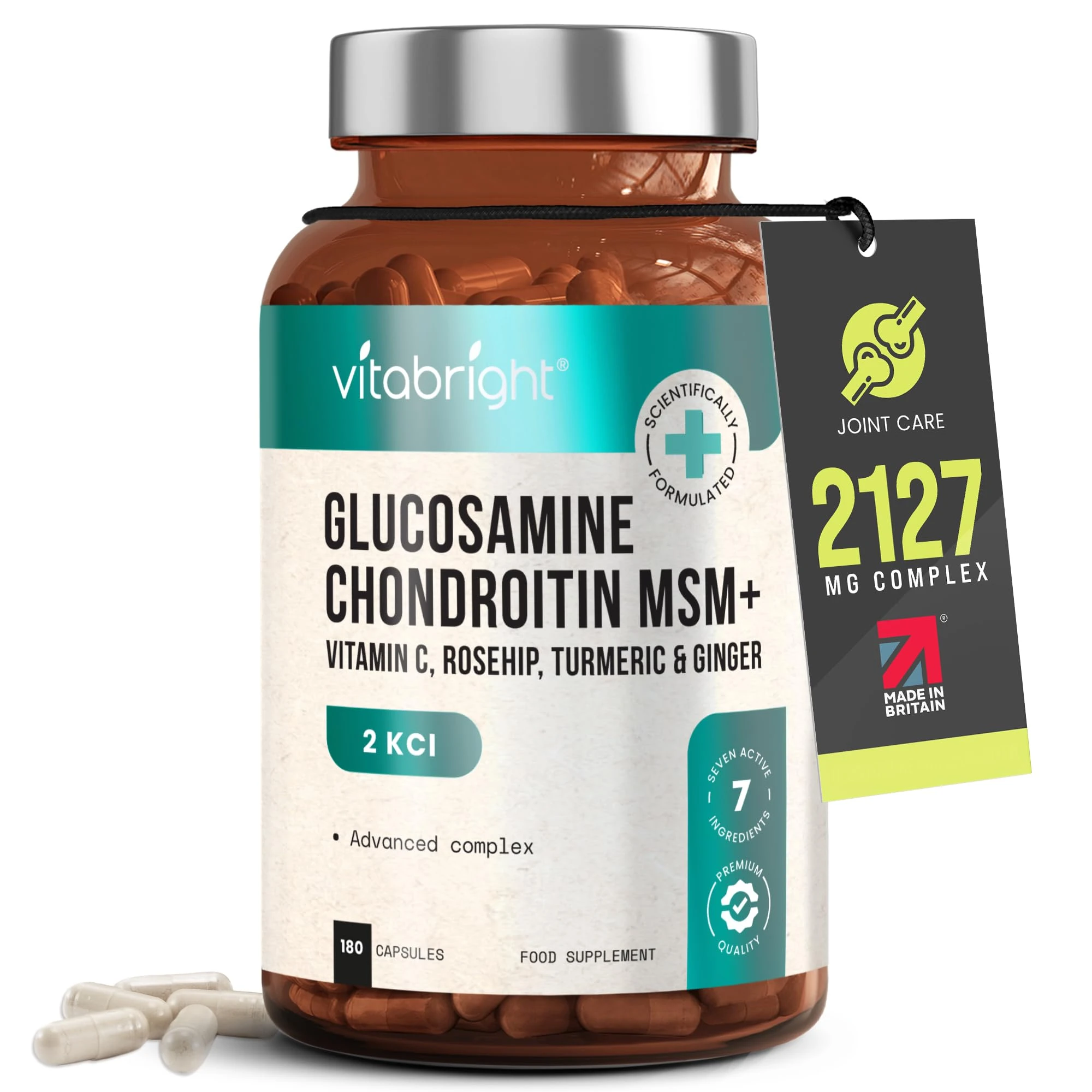 VitaBright Glucosamine and Chondroitin High Strength | 180 Capsules | 2127mg Vitamin C, MSM, Chondroitin & Glucosamine Sulphate Combination Supplements | Joint Care Supplements for Women & Men