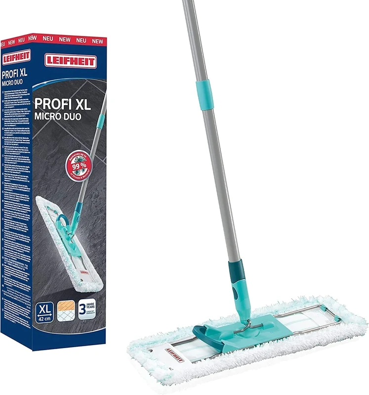 Leifheit Profi XL Micro Fibre Mop - Deluxe 46 cm Large Flat Head, Sturdy 3 Part Handle, Easy Steering, Thick Micro Fibre for Highly Effective Floor Cleaning, Turquoise