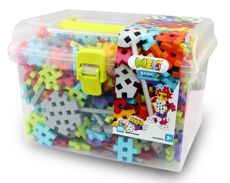 Meli Constructor Travel Box 500 - Construction Toy from 3 Years - 500 Pieces Including Wheels & Rods - Creative Building Blocks in Practical Storage Box