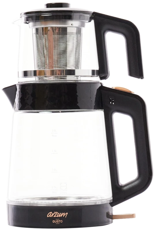 ARZUM GUSTO TEA MACHER Turkish Tea Maker, Teapot, Kettle, Glass Material, 0.9L Jug and 2L Jug. Water Heater Capacity - Black - Image 1