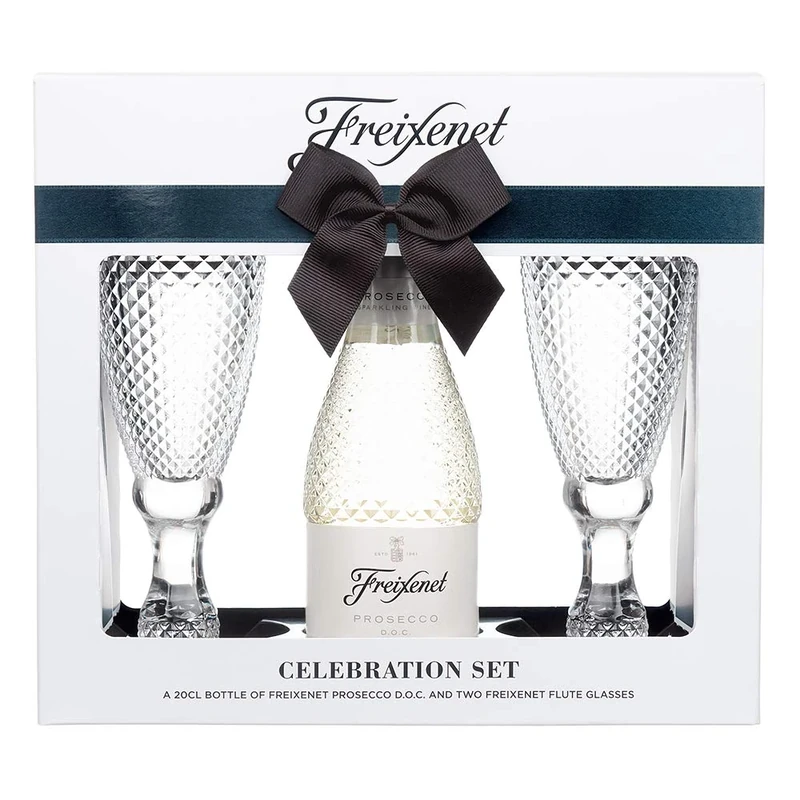 Prosecco Gift Set, Contains 1 x 200ml Extra Dry Sparkling Wine & Two Cut Glass Flute Glasses, Great Birthday Gifts for Women, Christmas Gifts for Stocking Fillers Prosecco Set By Blue Tree Gifts.