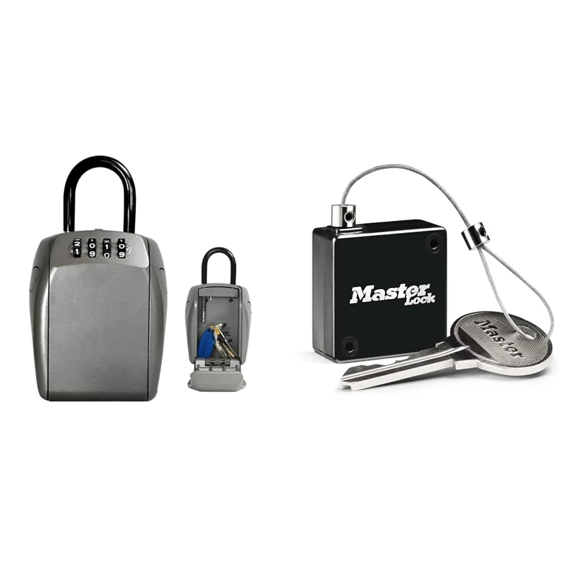 Master Lock Portable Key Safe + Retractable Tether [Reinforced Security] [Weatherproof - Outdoor]- 5414EURD + 5490EURD - Key Lock Box with shackle