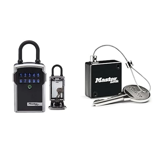 Master Lock Connected Key Safe + Retractable Tether [Bluetooth or Combination Access] [Shackle] [Outdoor] - 5440EURD + 5490EURD - Select Access Smart Key Lock Box