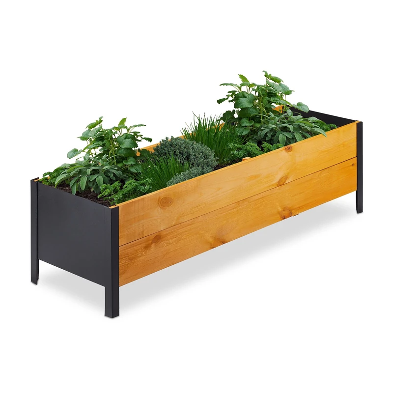 Relaxdays wooden raised planter, flower bed, 118x35x32.5 cm (LxWxH), herbs, fruit, vegetables, for balcony & patio, long, Wood, 32.5 x 118 x 35 cm