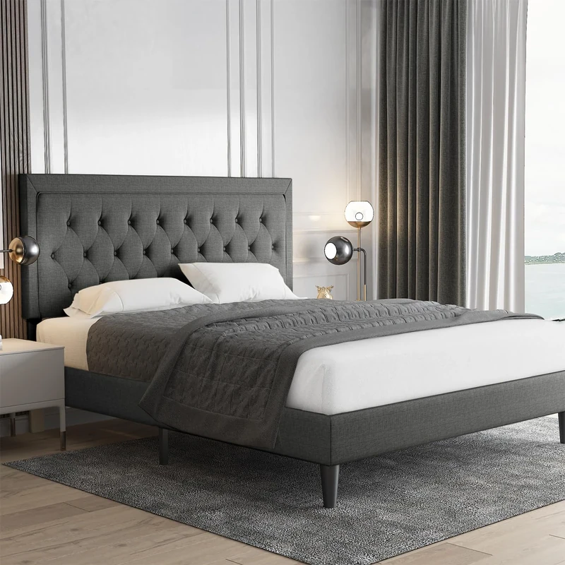 Allewie Full Size Tufted Platform Bed Frame - Dark Grey Upholstered