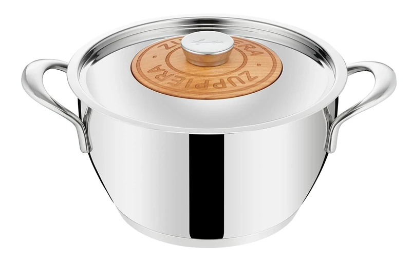 Lagostina Emozione Soup Bowl + Lid with Cherry Insert Ø 24 cm, Induction and Gas Pot in 18/10 Stainless Steel and Wood, with Lagotherm Triple Layer Bottom and Wide Welded Handles