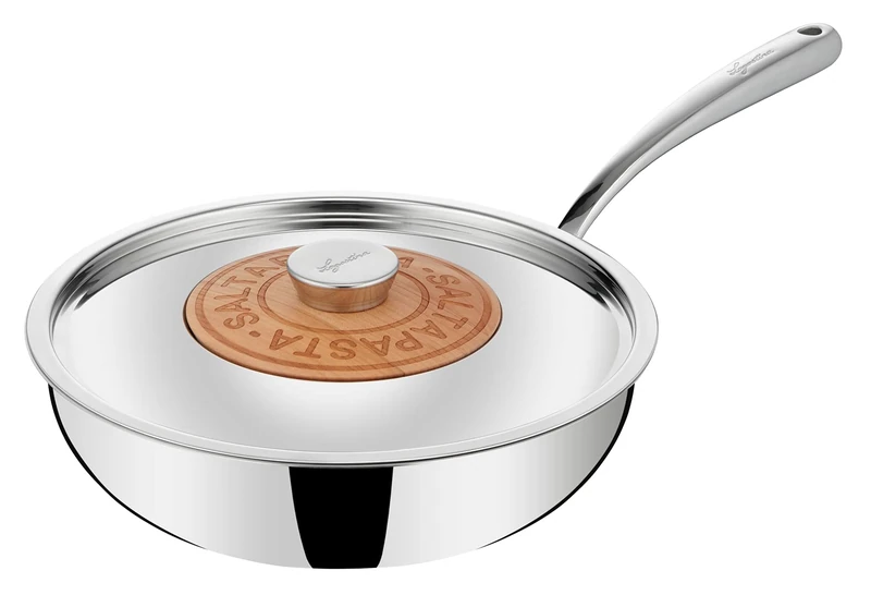 Lagostina Emozione Wok Sauce Pan + Lid with Cherry Insert, Induction and Gas Pot in 18/10 Stainless Steel and Wood, with Lagotherm Triple Layer Bottom and Wide Welded Handles - Image 1