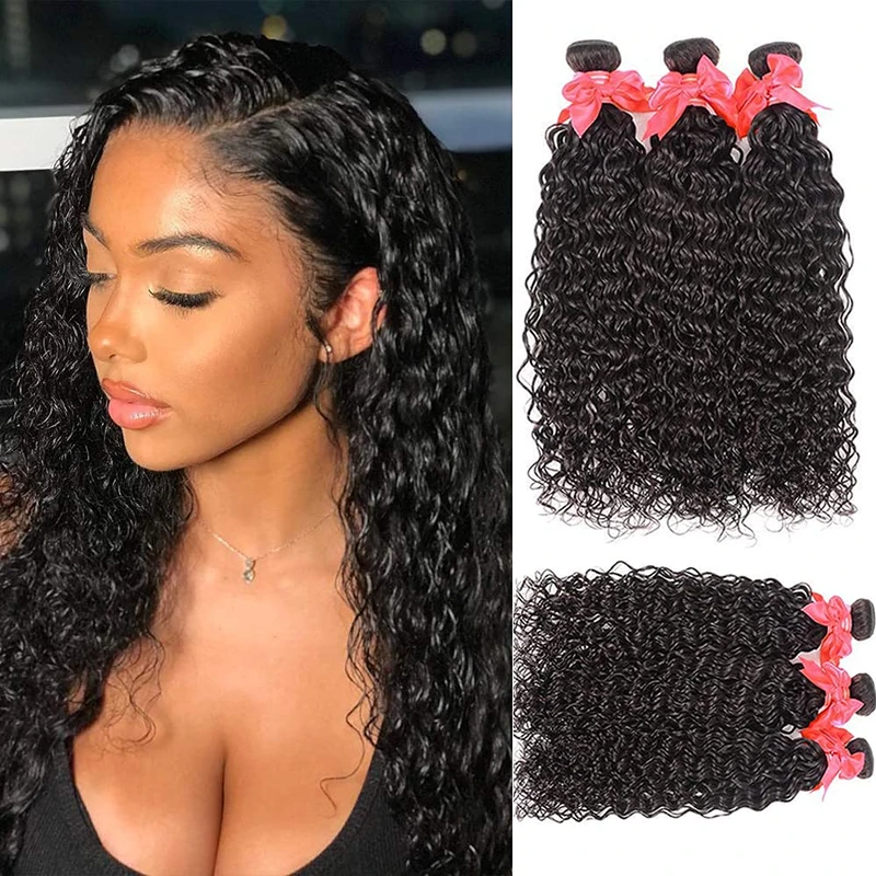 Miss GAGA 9A Brazilian Virgin Hair, 4 Packs, 100% Unprocessed, Natural Color, Can Be Dyed and Bleached (18, 20, 22, 24), Natural Black Water Wave - Image 1