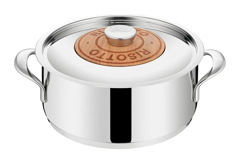 Lagostina Emozione Risotta + Lid with Cherry Insert, Suitable for Induction, Stainless Steel 18/10 and Wood, Diameter 24 cm