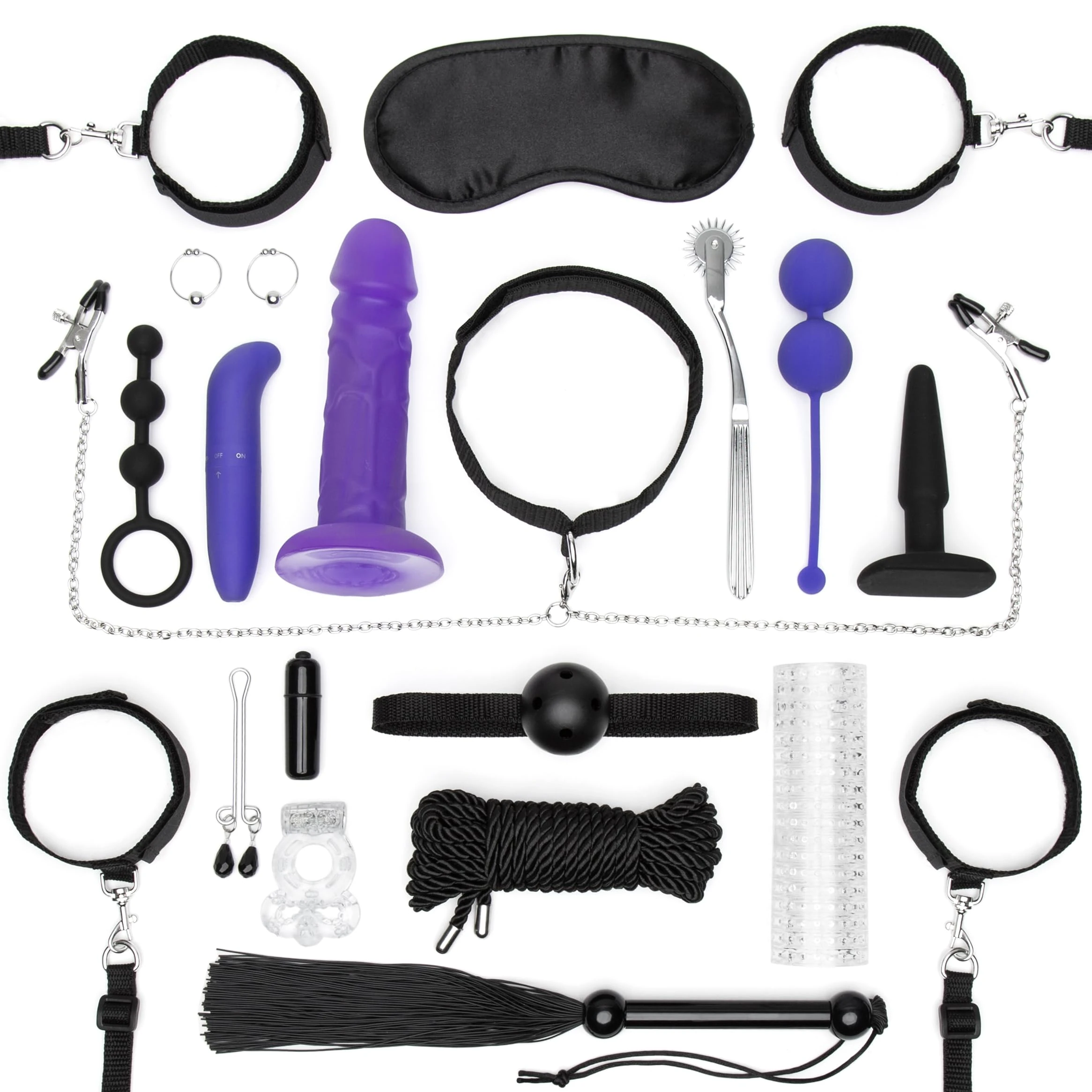 Lovehoney All You Need Bondage Kit - 20 Piece Bondage Set - Includes Blindfold, Flogger, Nipple Clamps, Vibrators, Anal Beads, Cock Ring and Much More - Sex Toys for Couples - Black/Purple