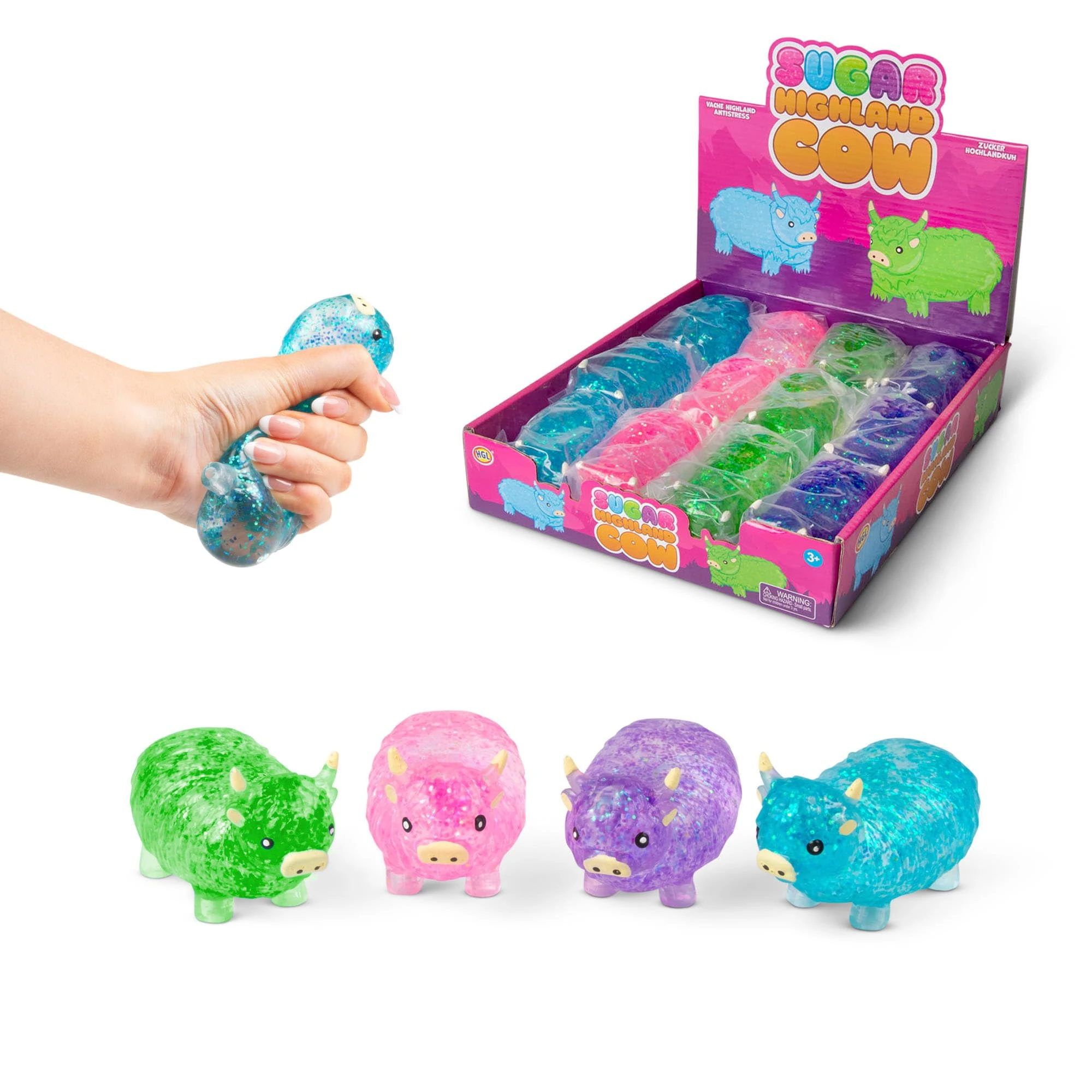 Sugar Highland Cow Squeeze Toy, Squishy Stress Relief Sensory Play Collectible, 4 Colours - Blue, Pink, Green, Purple, One Supplied, For Ages 3+
