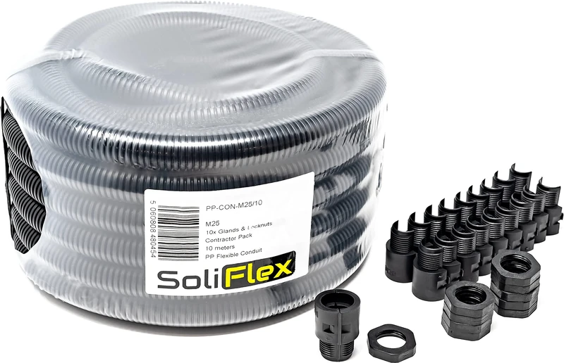SoliFlex Flexible Conduit Outdoor Cable Contractor Pack IP40-10M Coil - Underground Burial, External Trunking, Electrical Ducting, Hose Pipe Wire Protection. w/Fittings - 10 Glands and Locknuts (M25)