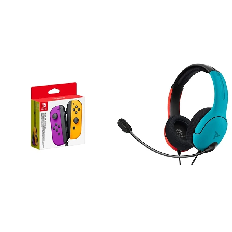 Joy-Con Pair Purple/Orange (Nintendo Switch) + PDP LVL40 Wired Stereo Headset for NS - Joycon Blue/Red