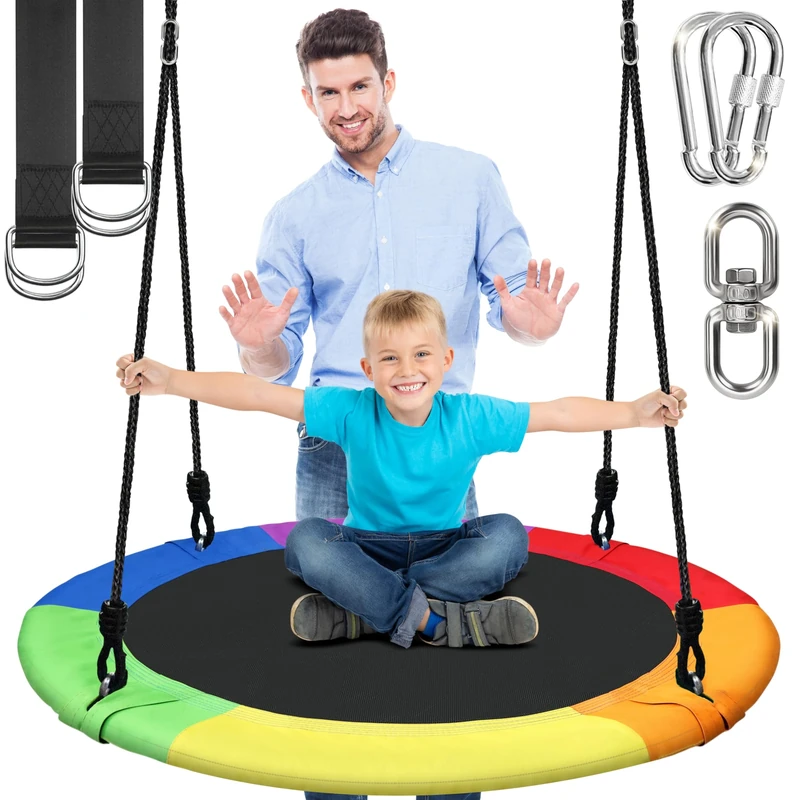 SereneLife Tree Swing Seat, Large Round Saucer Kids Swings, Adults and Kids Nest Swing, Durable Frame, 270kg Capacity, Indoor Outdoor Hanging Rope Swinging Seat for Backyard, Garden and More – Rainbow
