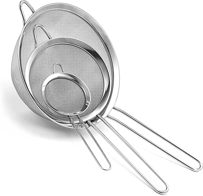 Sieve/Strainer (Pack of 3) | 8cm, 12cm & 18cm | Marine-Grade Stainless Steel | Finest Mesh | Temperature-Proof | No Sharp Edges | Anti-Corrosive | Bend-Proof