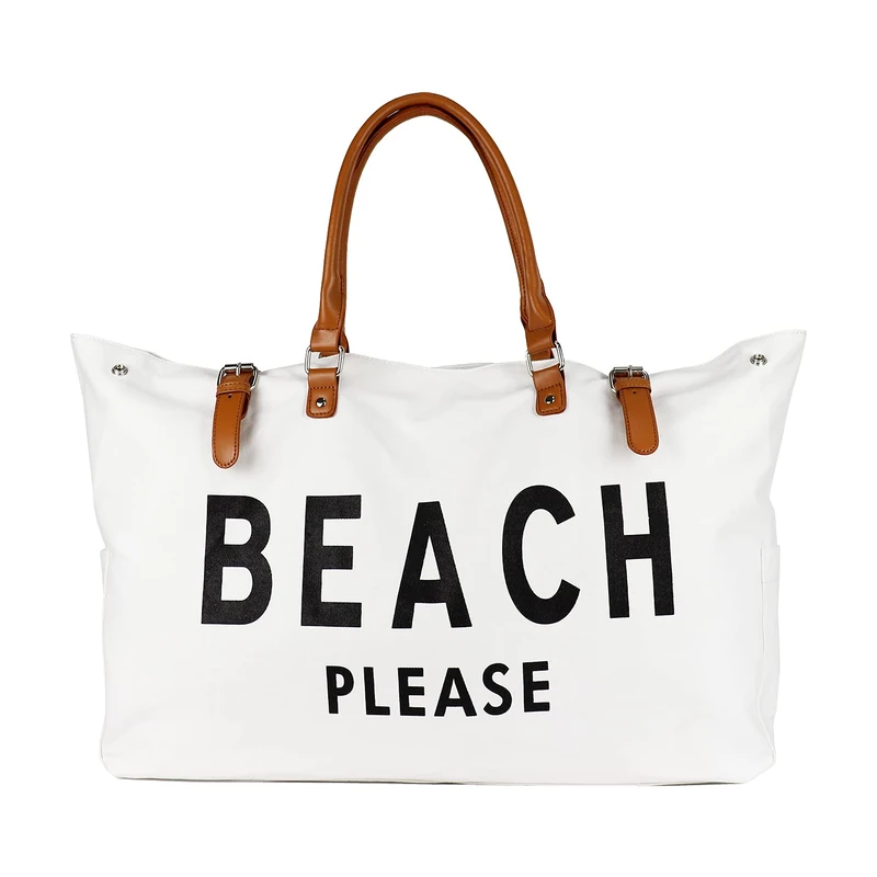 Lamyba Beach Tote Bag for Women Waterproof Sandproof white, Beach Please