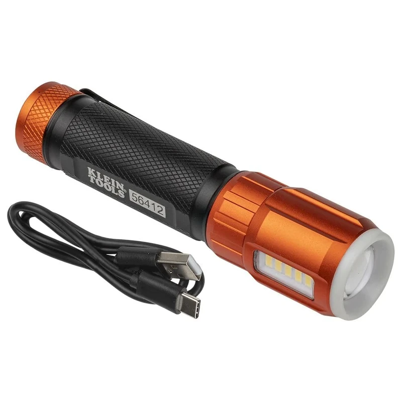 KLEIN TOOLS Rechargeable LED Flashlight with Worklight, 500 Lumens, USB Charging Cable, Pocket Clip, Battery Life Indicator, Magnetic 56412, Orange/Black