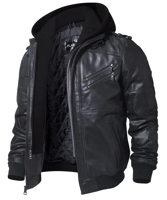 FLAVOR Men's Real Leather Jacket with Removable Hood Brown Genuine leather (Black, Large, l)