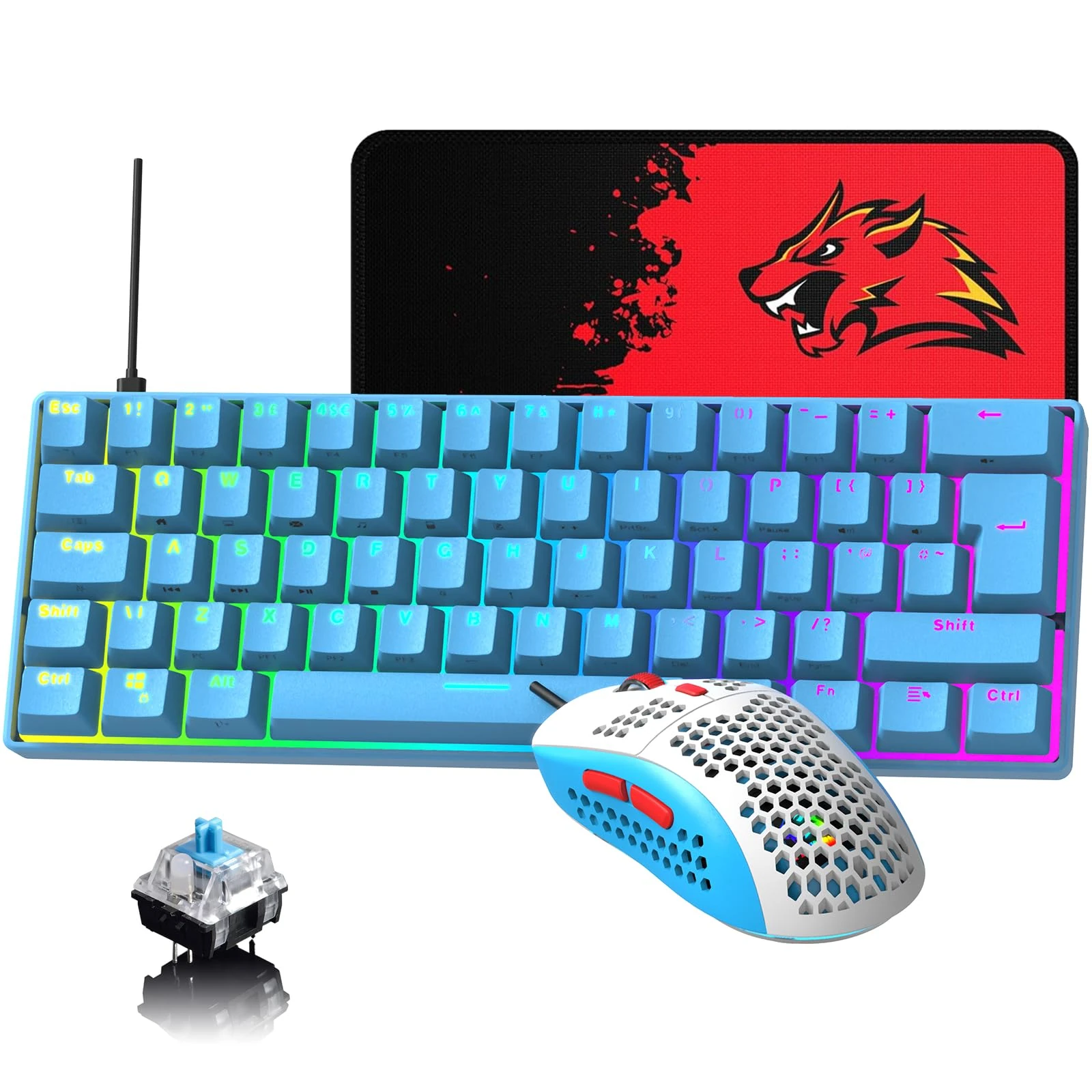 60% UK Layout Wired Gaming Keyboard and Mouse 62Keys Mini Compact Mechanical 19 Rainbow Full Anti-ghosting Keys+6 RGB Backlit 6400 DPI Lightweight (Blue/Blue Switch)