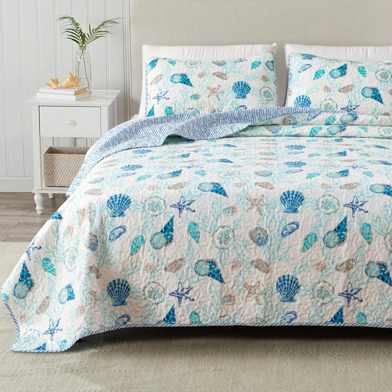 Great Bay Home Twin Coastal Quilt Bedding Set, Summer Coastal Quilt with Sham, Beach 2-Piece Reversible All Season Bedspread Quilt Set. Lightweight Nautical Quilted Coverlet. Bali Collection, Coral