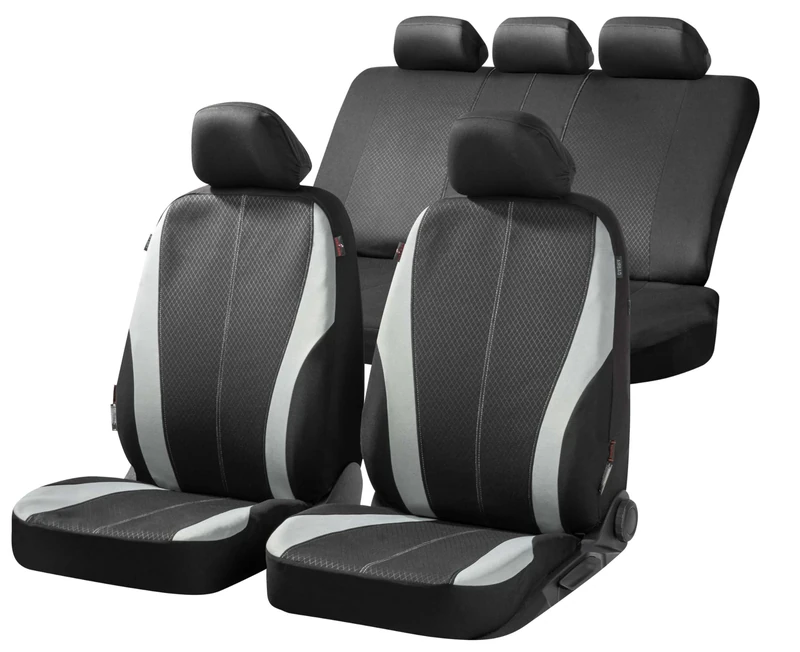 Walser Car Seat Covers - Polyester, Universal Fit, Black/Grey, Set of 3, Includes 2 Front, 1 Rear, 5 Headrest Covers, TÜV Rheinland Tested, Easy to Clean, 2 Year Warranty