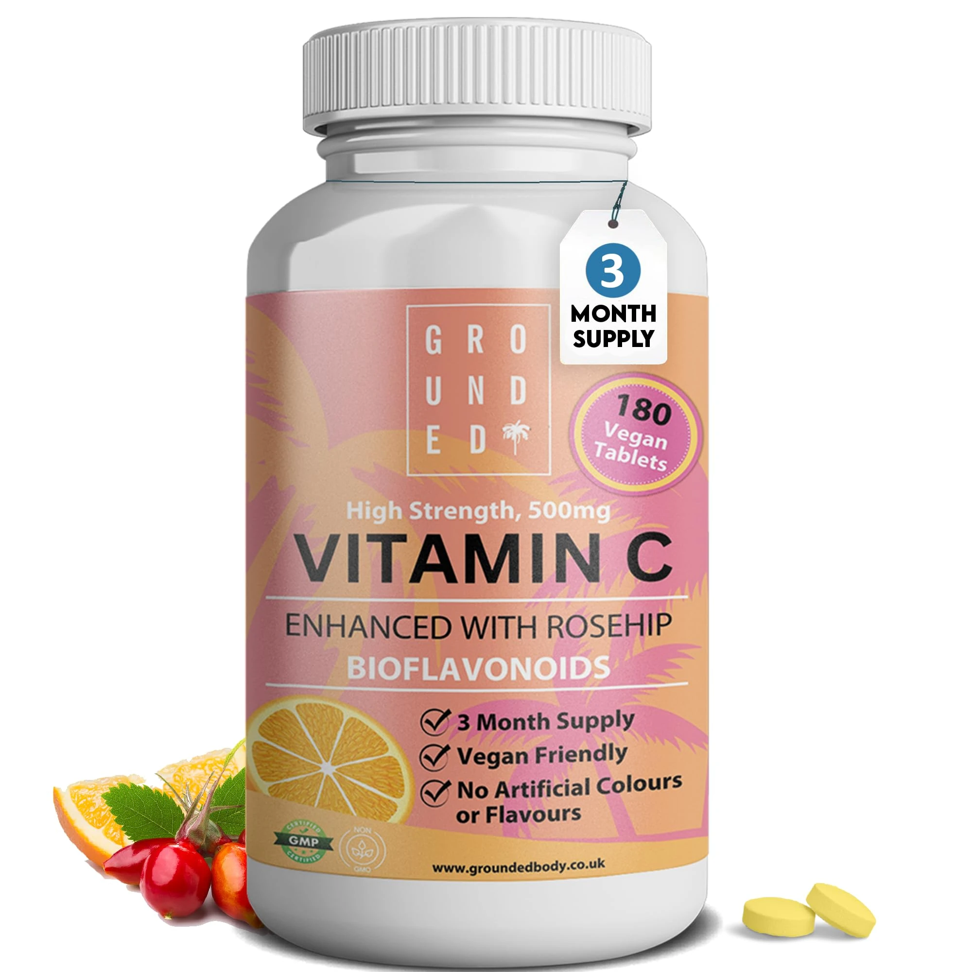 Vitamin C 500 mg Enhanced with Rosehip Bioflavonoids, 3 Month Supply (180 Tablets) Vegan & Vegetarian Friendly High Strength, Premium Dose Slow Release VIT C for Immune Support, UK Made by Grounded