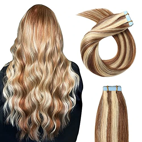 YILITE Tape in Extensions Human Hair 18inch 20pcs 40g/Pack Real Human Hair（#P6/613）