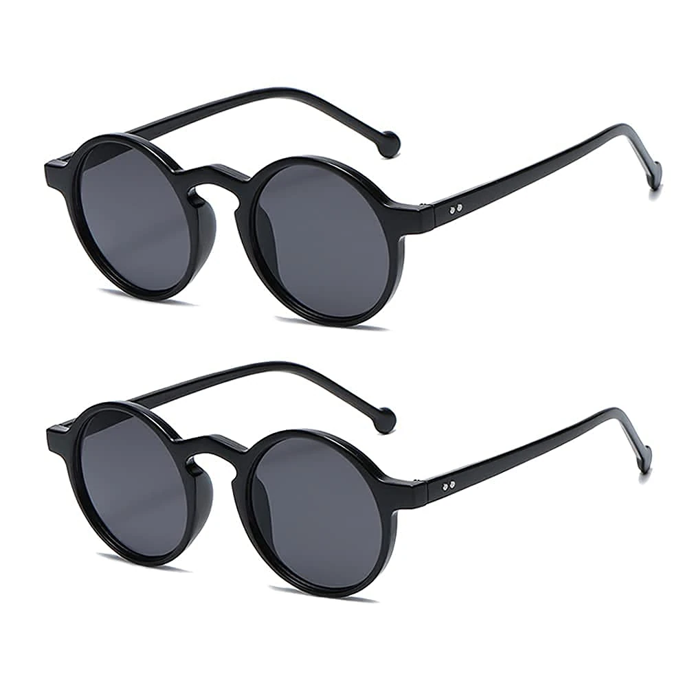 Long Keeper Round Retro Sunglasses for Men Women Classic Vintage Sun Glasses Unisex with UV protection Eyewear for driving hiking daily outdoor activities (Black+Black)