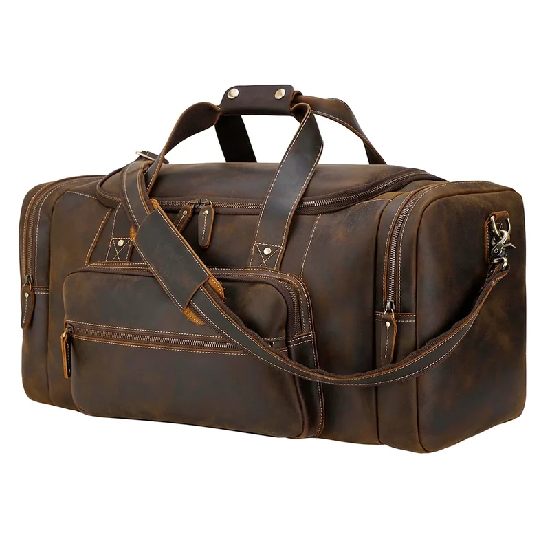 Polare 26" Full Grain Cowhide Leather Gym Duffle Weekender Overnight Travel Duffel Bag for Men