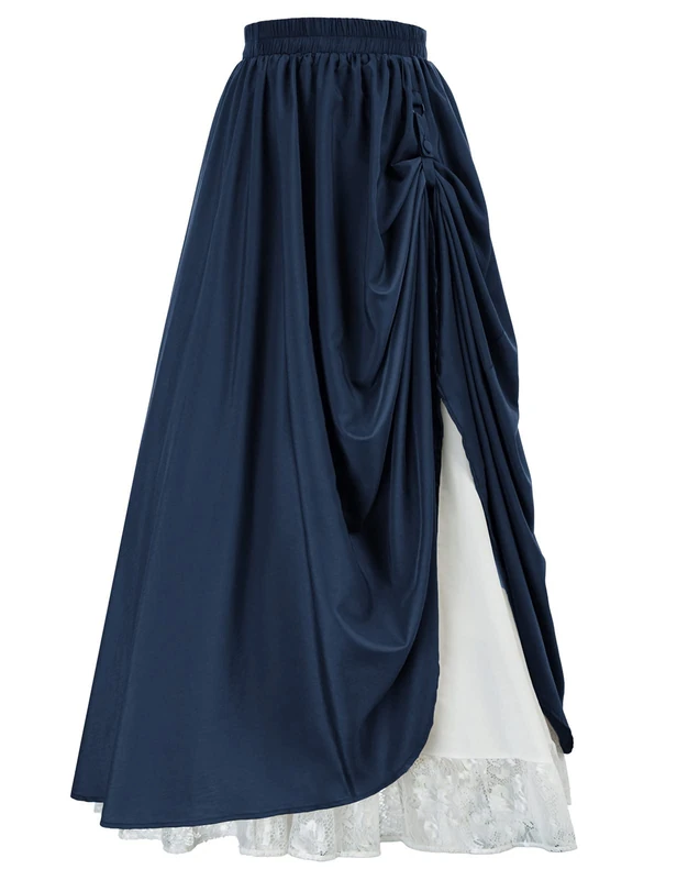 Scarlet Darkness Maxi Long Skirt for Women Double-Layer Victorian Renaissance Skirts, Navy, XXL