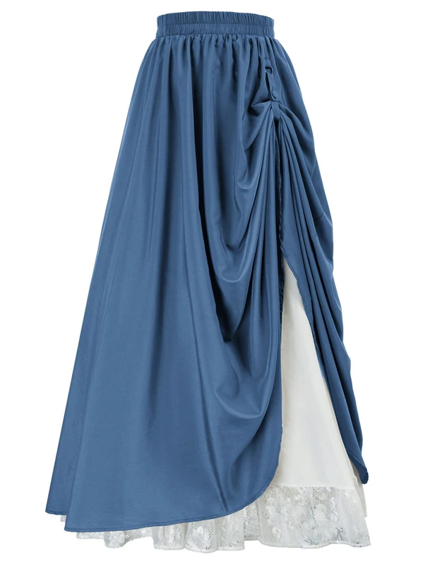 Scarlet Darkness Maxi Long Skirt for Women Double-Layer Victorian Renaissance Skirts, Denim Blue, XL