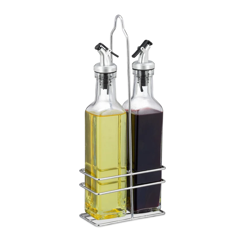 Relaxdays Oil and Vinegar Dispenser Set, 300 ml Glass Bottles, Metal Holder, Pourer, 27.5 x 11 x 6 cm, Transparent